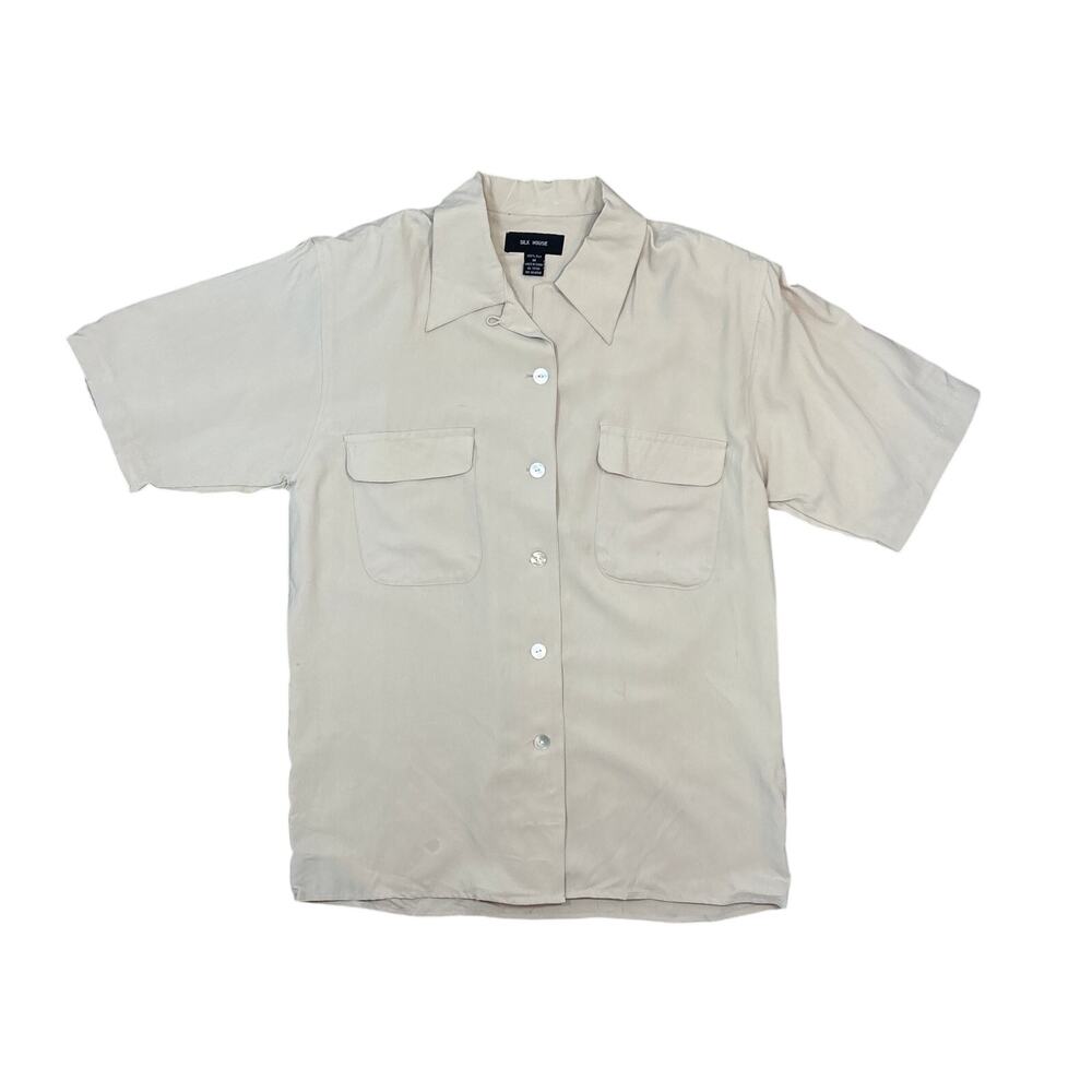 Vintage Silk House Women's Button Up Shirt beige Size M 100% Silk shoulder pads